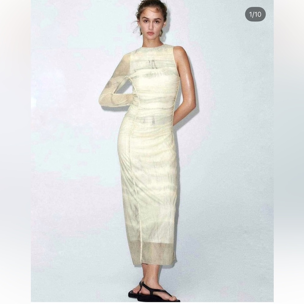 Zara One-Shoulder Sheer Midi Dress in Light Cream